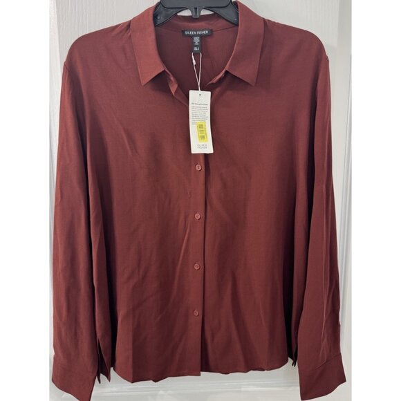 Eileen Fisher Small Redwood Silk Georgette Crepe Classic Collar Shirt NWT $278 - Picture 1 of 13